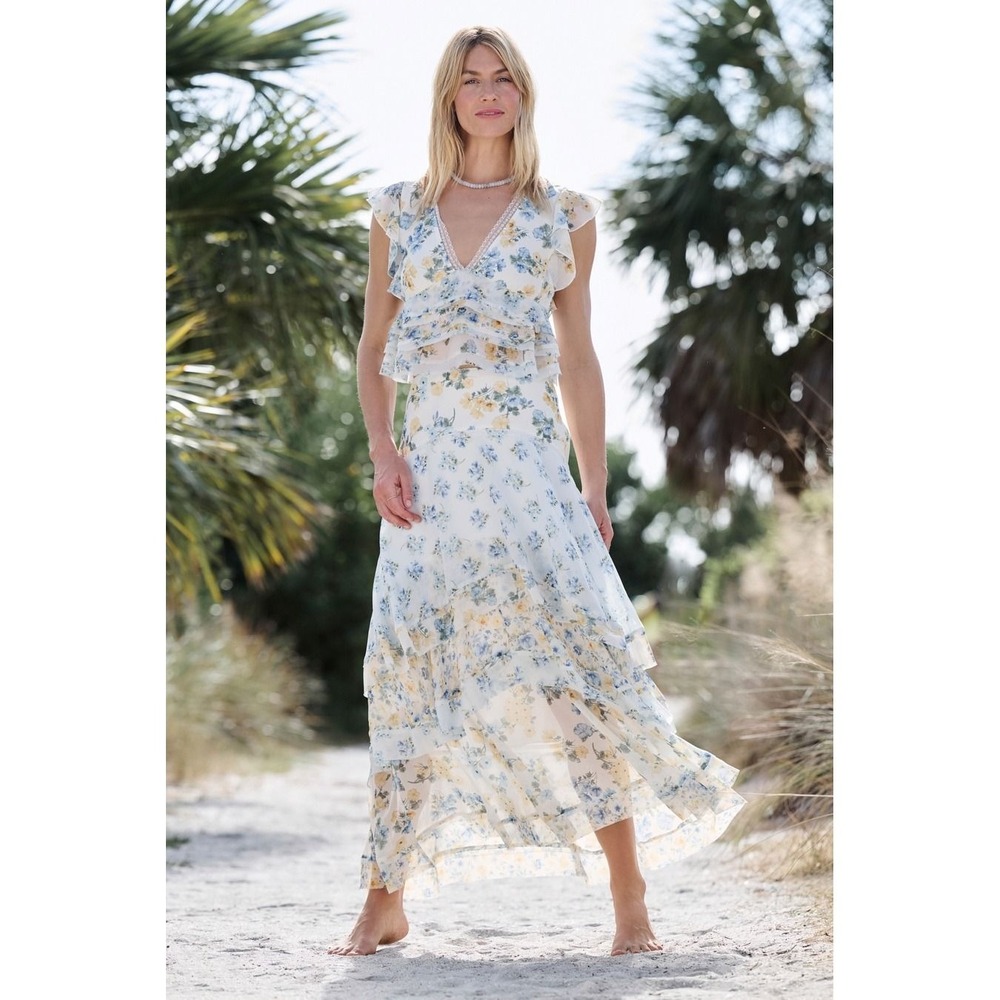 Altar'd State Floral Tiered Maxi Skirt Blue Yellow White Size 3XL NWT